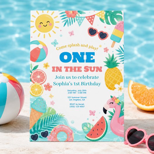 One in the Sun 1歳の誕生日プールパーティーの招待状 招待状