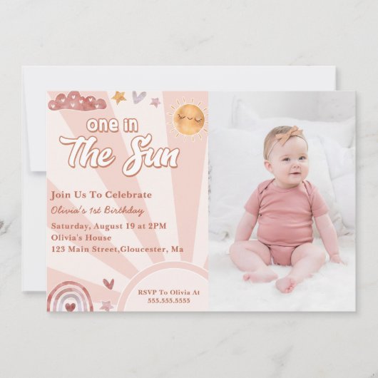 One In The Sun 1th Birthday Pink Rainbow写真 招待状 (正面)