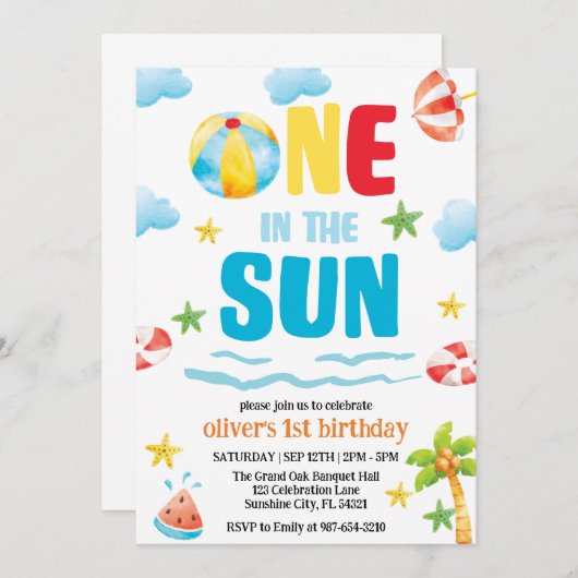 One in the Sun,Pool Party First Summer Birthday 招待状 (正面/裏面)