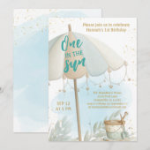 One in the Sun Summer Beach First Birthday 招待状 (正面/裏面)