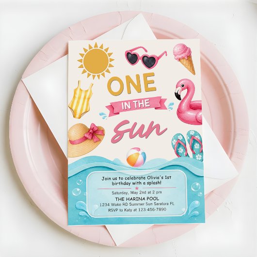 One In The Sun Summer Pool Birthday Party 招待状