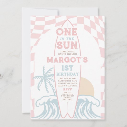 One In The Sun Surf Surfboard 1st Birthdayパーティー 招待状 (正面)