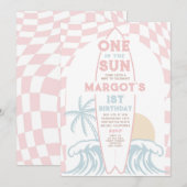 One In The Sun Surf Surfboard 1st Birthdayパーティー 招待状 (正面/裏面)