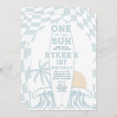 One In The Sun Surf Surfboard 1st Birthdayパーティー 招待状 (正面/裏面)