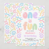 One Is Fun Colorful Confetti Balloon 1st Birthday 招待状 (正面/裏面)