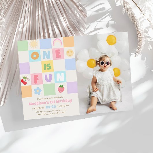One is Fun Colorful Gingham 1st Birthday Photo 招待状