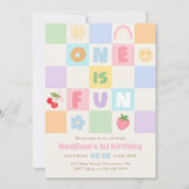 One is Fun Colorful Gingham Girl 1st Birthday 招待状 (正面)