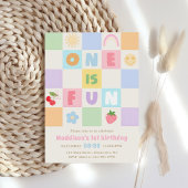 One is Fun Colorful Gingham Girl 1st Birthday 招待状