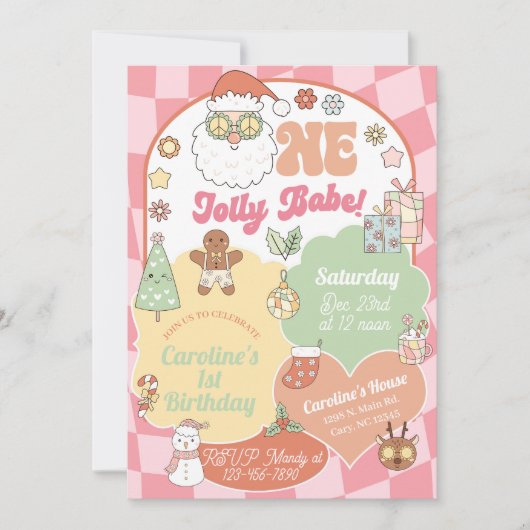 One Jolly Babeの女の子のクリスマス1歳の誕生日招待状 招待状 (正面)