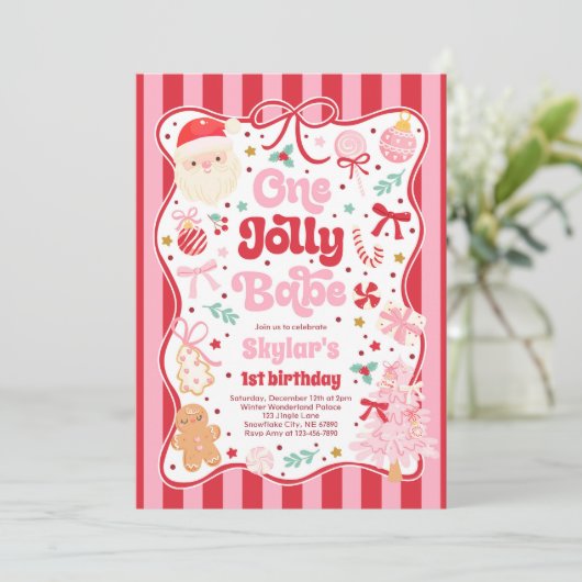 One Jolly Babe Christmas Coquette Bow 1st Birthday 招待状 (スタンド正面)