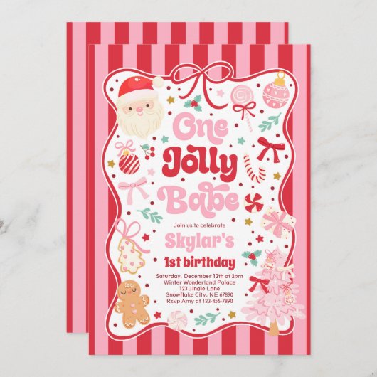 One Jolly Babe Christmas Coquette Bow 1st Birthday 招待状 (正面/裏面)