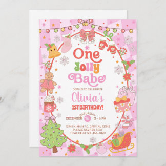 ONE jolly babe Christmas girl 1st birthday invite. 招待状