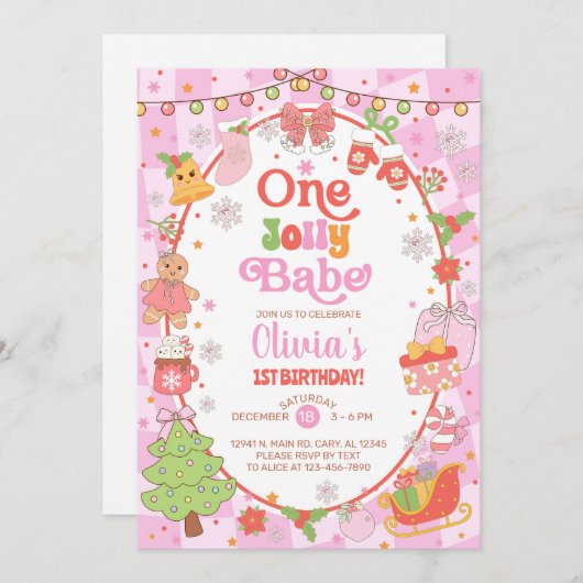 ONE jolly babe Christmas girl 1st birthday invite. 招待状 (正面/裏面)