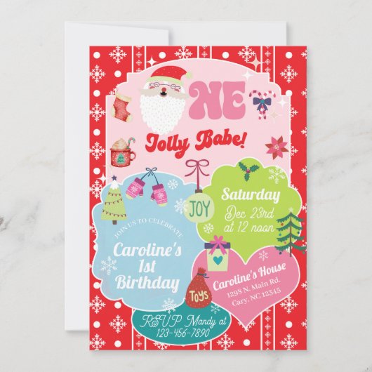 One Jolly Babe girl Christmas 1st birthday invite. 招待状 (正面)