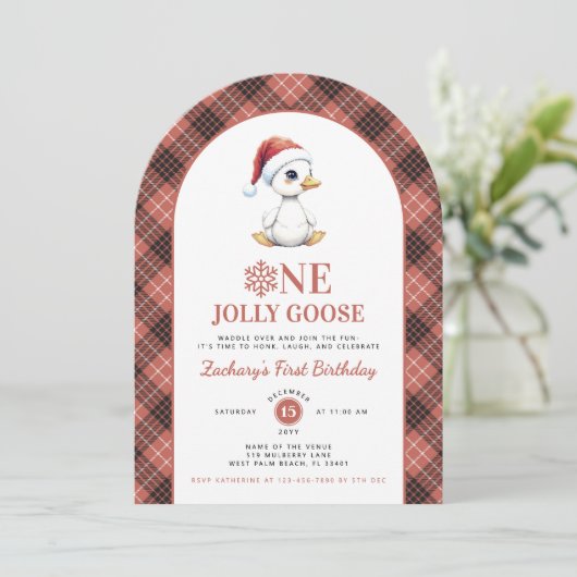 One Jolly Goose Modern Christmas First Birthday 招待状 (スタンド正面)