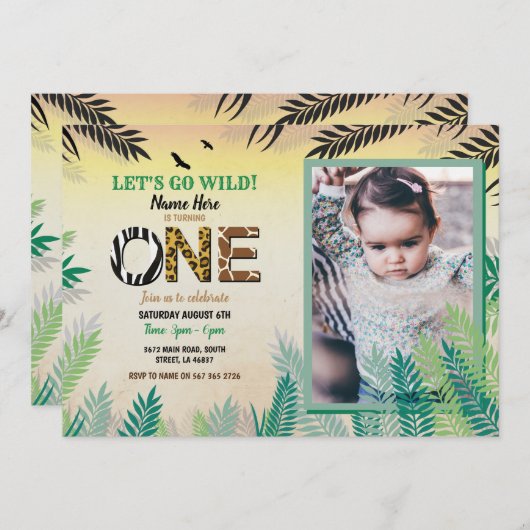 One Jungle 1st誕生日パーティーSafari ZOO写真 招待状 (正面/裏面)
