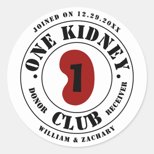 One Kidney Club Donor Receiver Names Date ラウンドシール (正面)