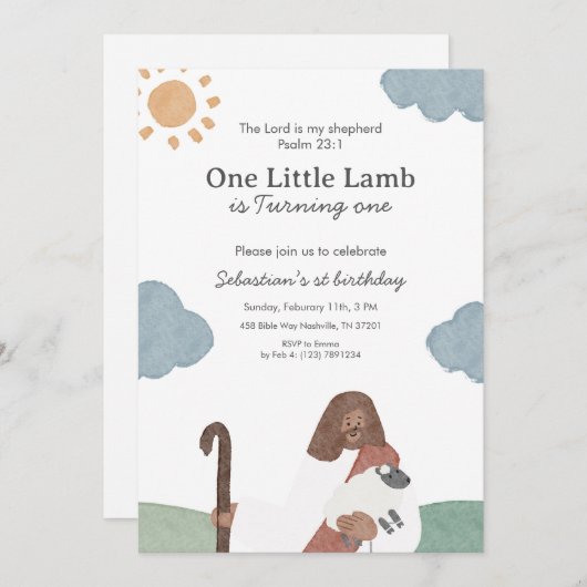 One Little Lamb Psalm 23 Birthday 招待状 (正面/裏面)