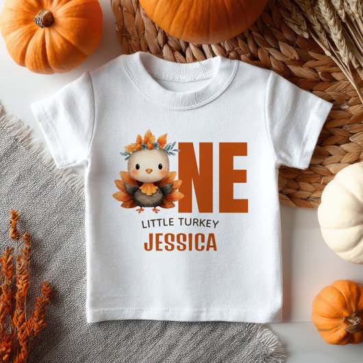 One Little Turkey Thanksgiving 1st Birthday Name  ベビーTシャツ