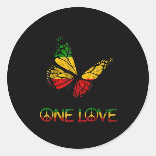 One Love Butterfly Rasta Reggae Peace ラウンドシール (正面)