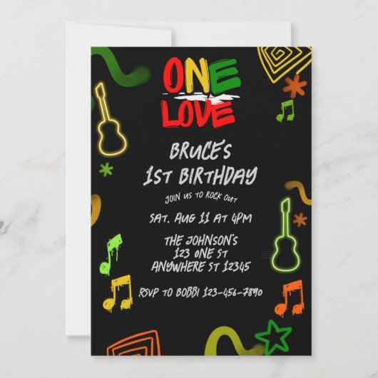 One Love Music Black Red Gold Green 1st Birthday 招待状 (正面)