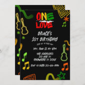 One Love Music Black Red Gold Green 1st Birthday 招待状 (正面/裏面)