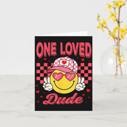 One Loved Dude Checkered Heart Valentines Day Boys カード (黄色い花)