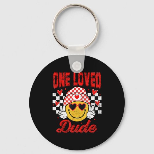 One Loved Dude Checkered Heart Valentines Day Boys キーホルダー (正面)
