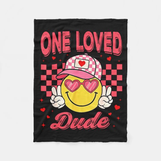 One Loved Dude Checkered Heart Valentines Day Boys フリースブランケット (正面)
