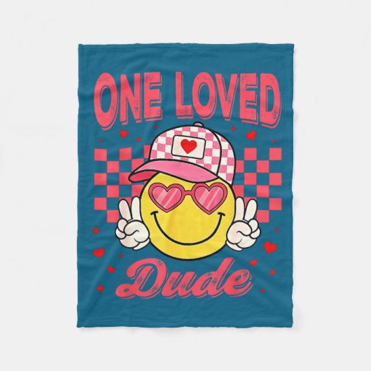 One Loved Dude Checkered Heart Valentines Day Boys フリースブランケット (正面)