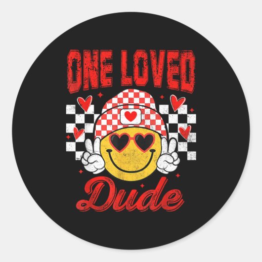 One Loved Dude Checkered Heart Valentines Day Boys ラウンドシール (正面)
