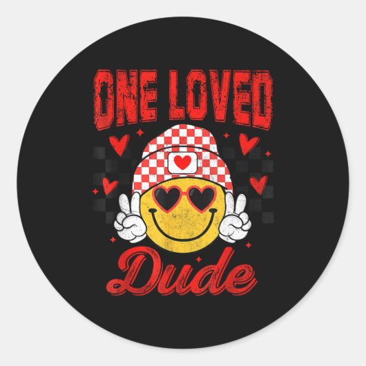 One Loved Dude Checkered Heart Valentines Day Boys ラウンドシール (正面)