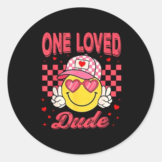One Loved Dude Checkered Heart Valentines Day Boys ラウンドシール (正面)