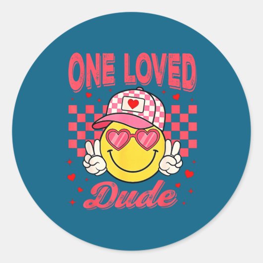 One Loved Dude Checkered Heart Valentines Day Boys ラウンドシール (正面)