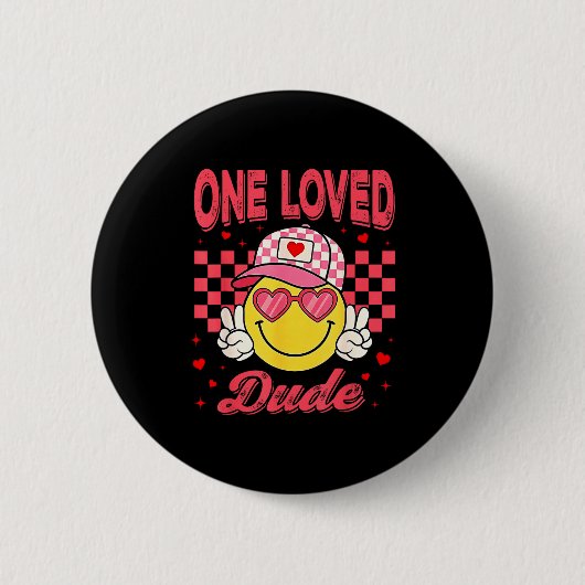 One Loved Dude Checkered Heart Valentines Day Boys 缶バッジ (正面)
