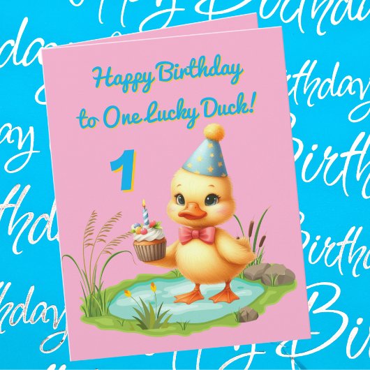 One Lucky Duckフォトガーリー子供の誕生日挨拶 カード