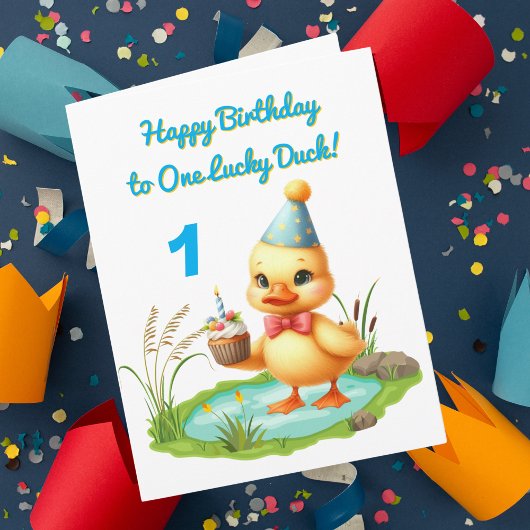 One Lucky Duckフォトガーリー子供の誕生日挨拶 カード