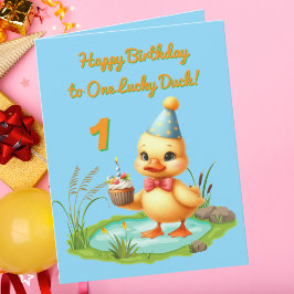 One Lucky Duckフォトガーリー子供の誕生日挨拶 カード