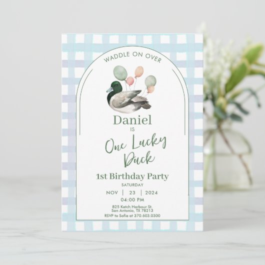 One Lucky Duck 1st Birthday Invitation 招待状 (スタンド正面)
