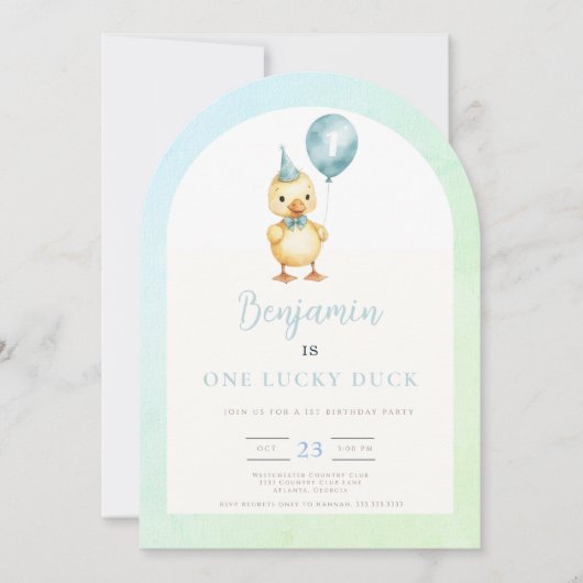  One Lucky Duck Balloon 1st Birthday 招待状 (正面)