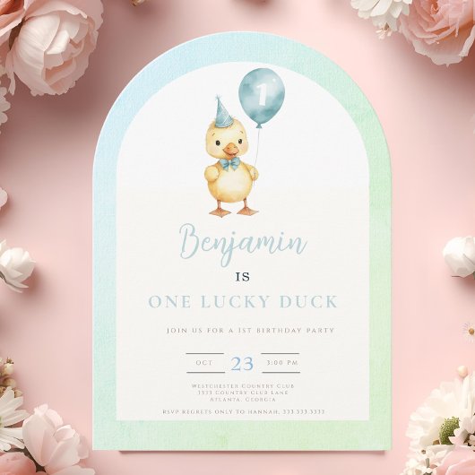  One Lucky Duck Balloon 1st Birthday 招待状