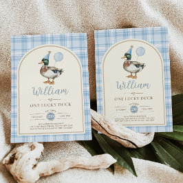 One Lucky Duck Blue Balloon Boy 1st Birthday 招待状