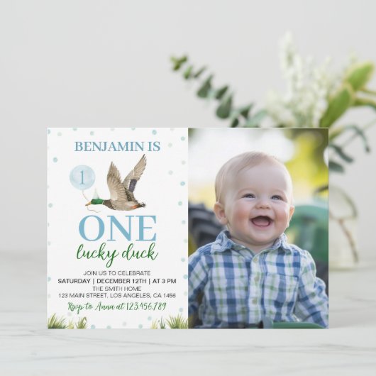 One Lucky Duck Boy 1st Birthday Photo 招待状 (スタンド正面)