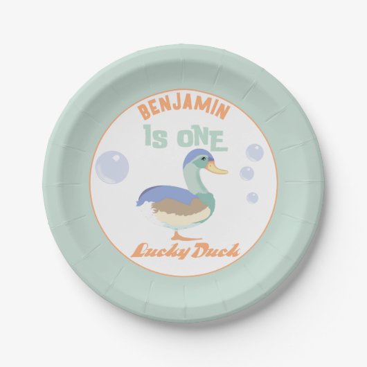 One Lucky Duck & Bubbles 1歳の誕生日 パステル ペーパープレート (正面)