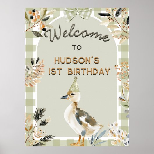 One Lucky Duck Cute Duckling Gingham 1st Birthday ポスター (正面)