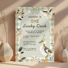 One Lucky Duck Cute Duckling Gingham 1st Birthday 招待状