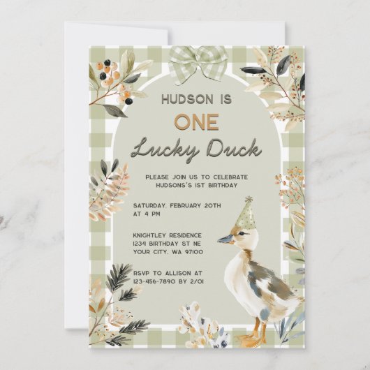 One Lucky Duck Cute Duckling Gingham 1st Birthday 招待状 (正面)