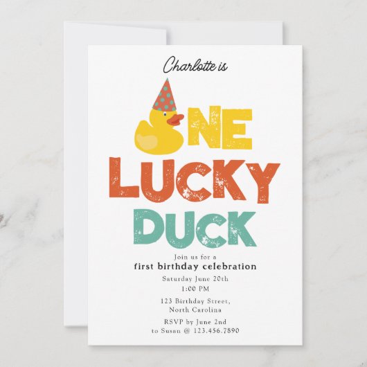 One Lucky Duck Invite 1st  First Birthday Cute 招待状 (正面)
