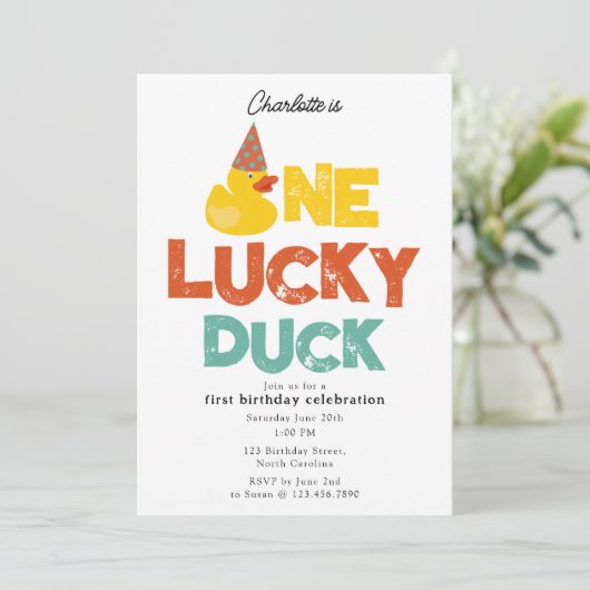 One Lucky Duck Invite 1st  First Birthday Cute 招待状 (スタンド正面)