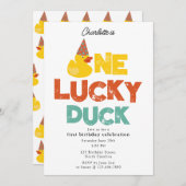 One Lucky Duck Invite 1st  First Birthday Cute 招待状 (正面/裏面)